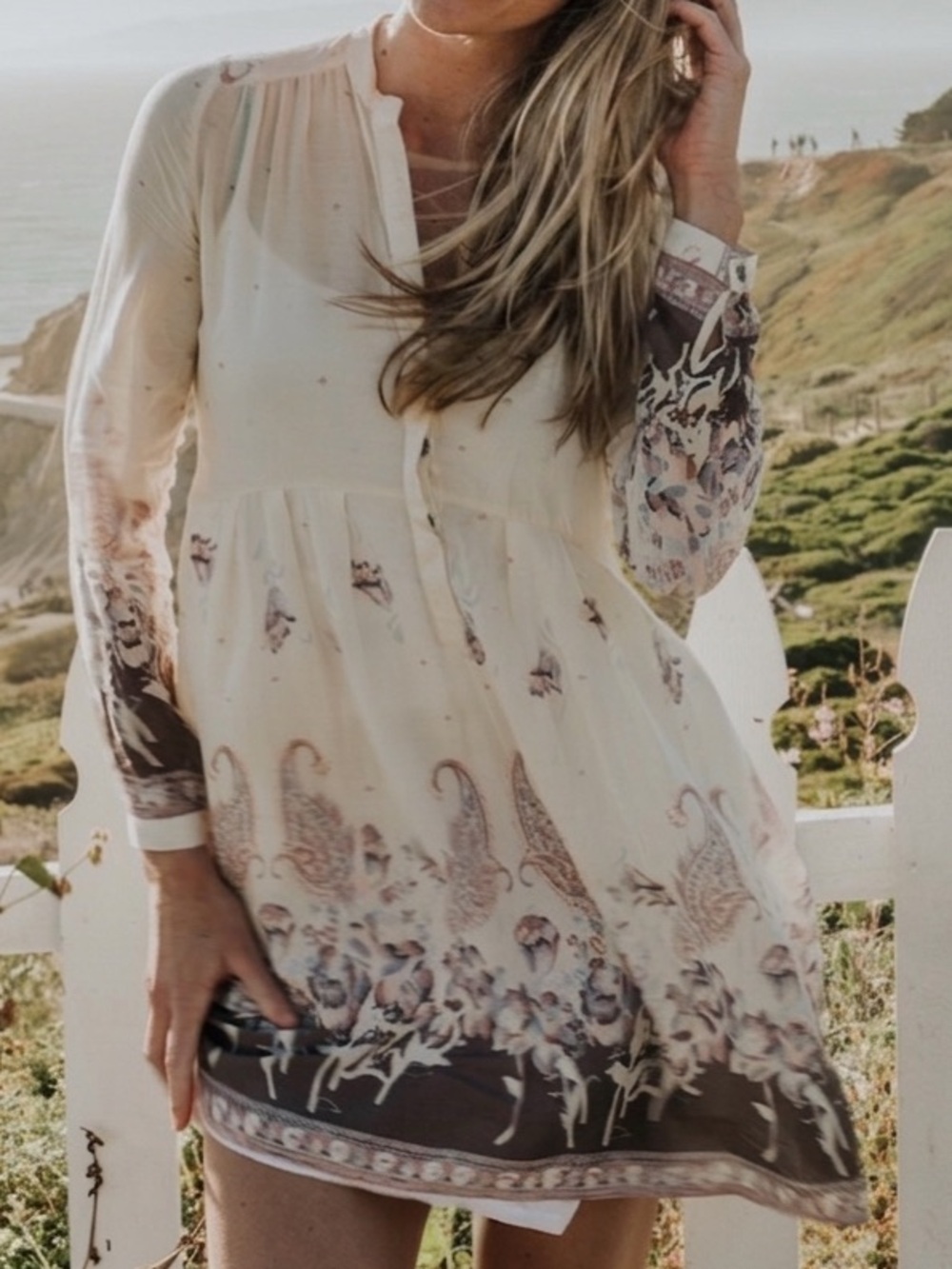 Free People Sierra Valley floral cream purple long sleeve mini dress size M